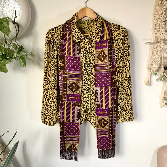 Vintage Silk Animal Cheetah Leopard Print Silk Blouse Long Sleeve Witchy Fairy - Picture 7 of 17